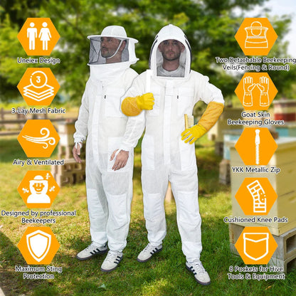3 Layer Professional White Beekeeping Suit（with two hats and gloves）