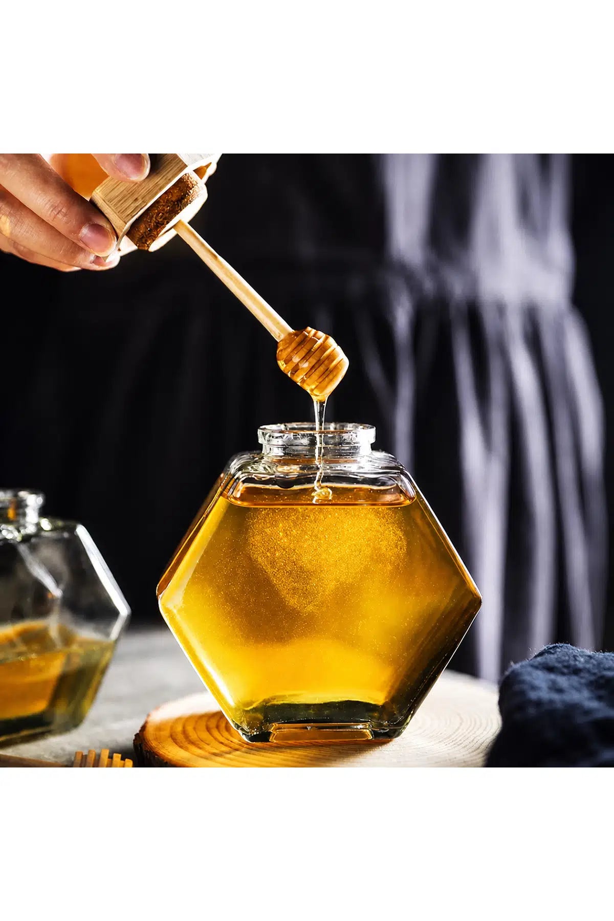 380 mL Hexagonal Glass Honey Jar with Wooden Lid & Dipper – Single Jar