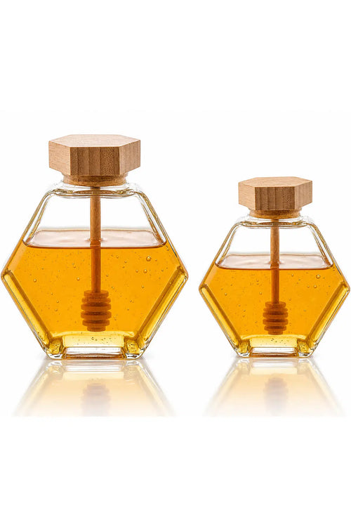 380 mL Hexagonal Glass Honey Jar with Wooden Lid & Dipper – Single Jar