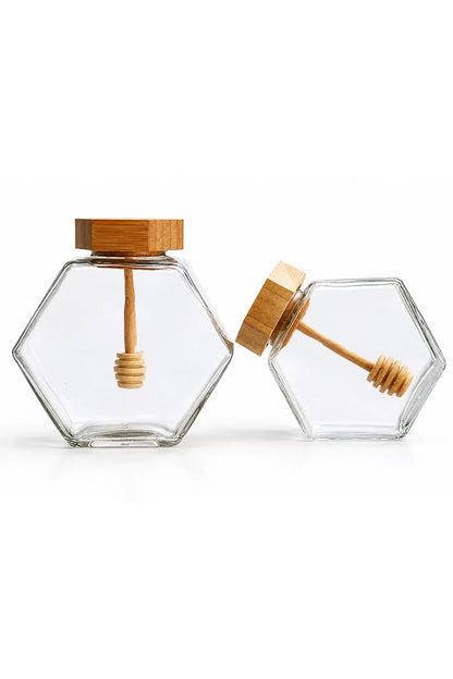380 mL Hexagonal Glass Honey Jar with Wooden Lid & Dipper – Single Jar