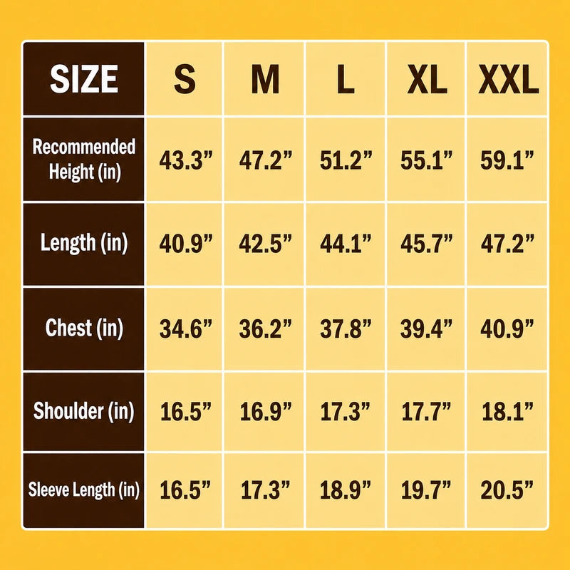Size chart for kids beekeeping suit with height, chest, shoulder and sleeve measurements