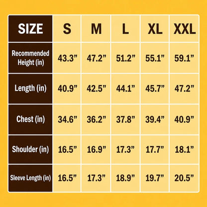 Size chart for kids beekeeping suit with height, chest, shoulder and sleeve measurements