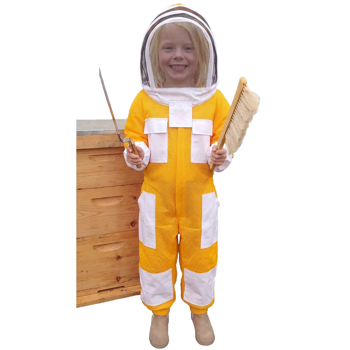 Child wearing a yellow kids beekeeping suit with protective veil beside a beehive